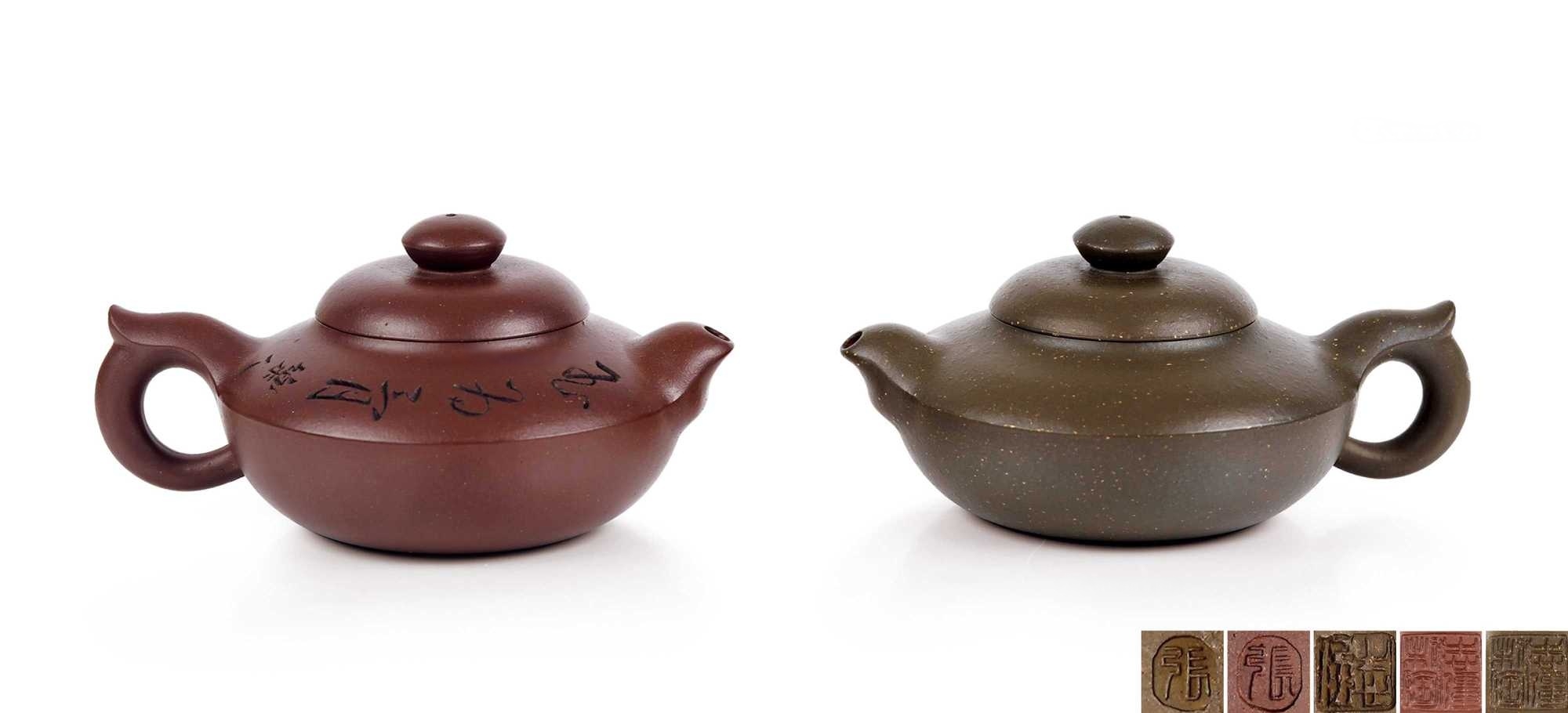 鲍志强刻张志强制紫泥合欢壶 张志强制绿泥合欢壶