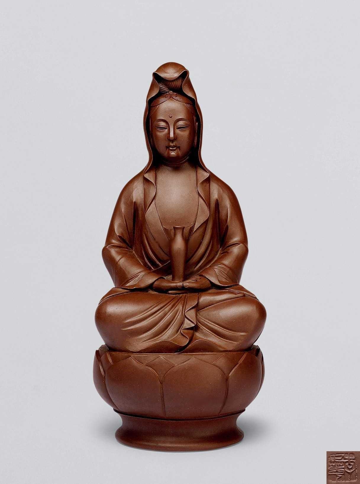 当代 李正华制 莲花净瓶观音雕塑