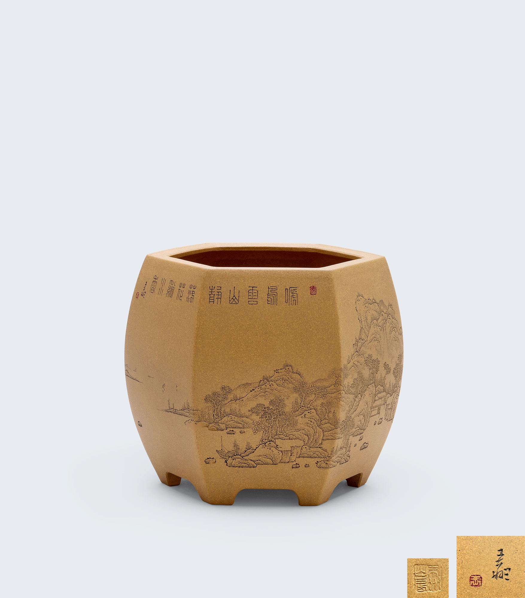 当代 王翔制铭山水图六方鼓型笔筒