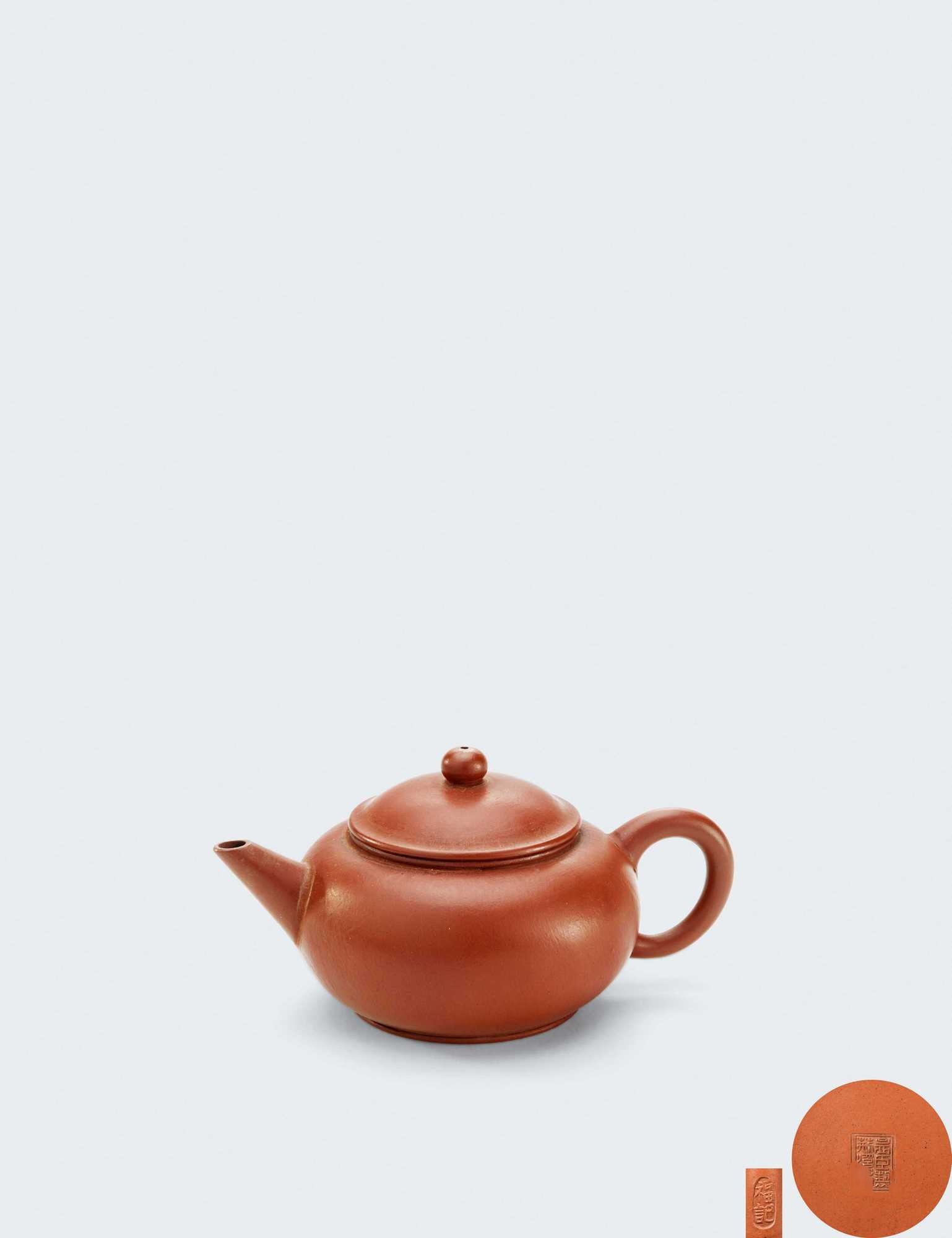 当代 福记制荆溪南孟臣制笠帽朱泥水平壶
