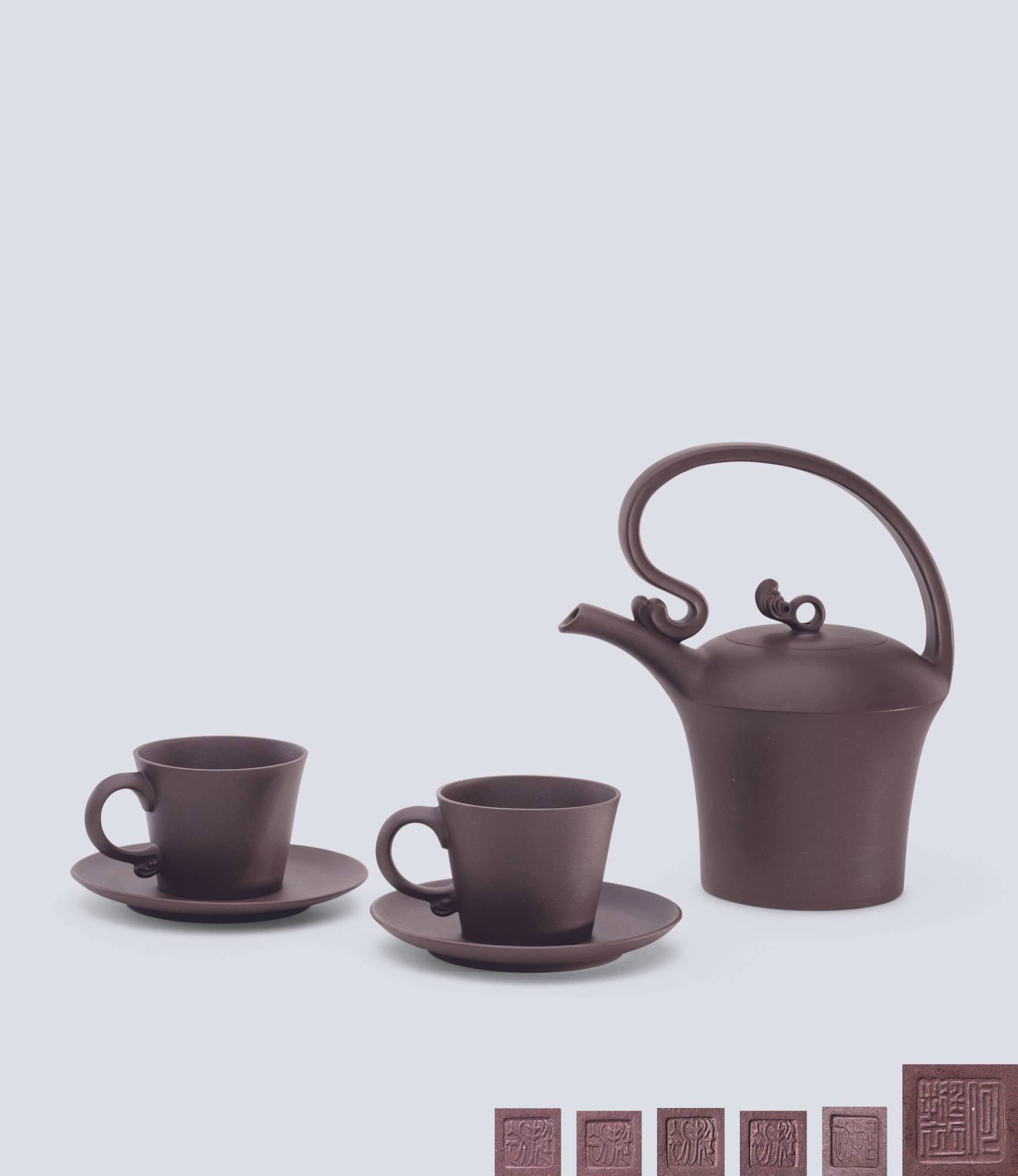 当代 何挺初制浪花提梁茶具五头组
