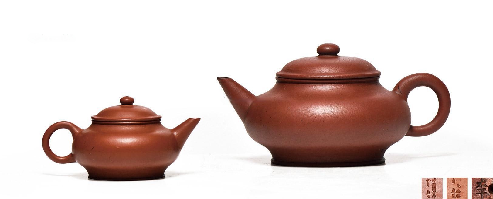 清晚期 诗句孟臣款朱泥扁灯壶 （一对）