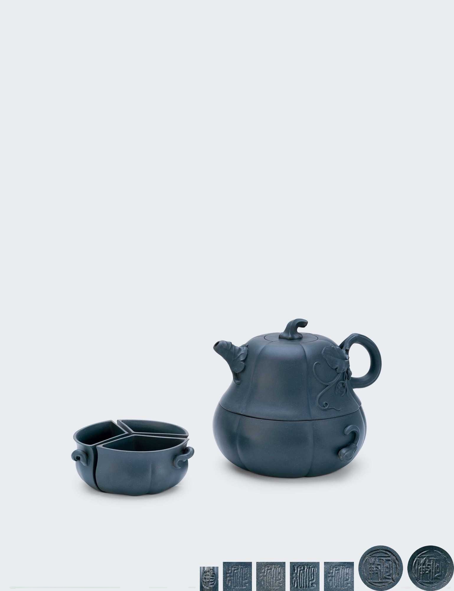 当代 何敏制绿泥南瓜茶具五头组